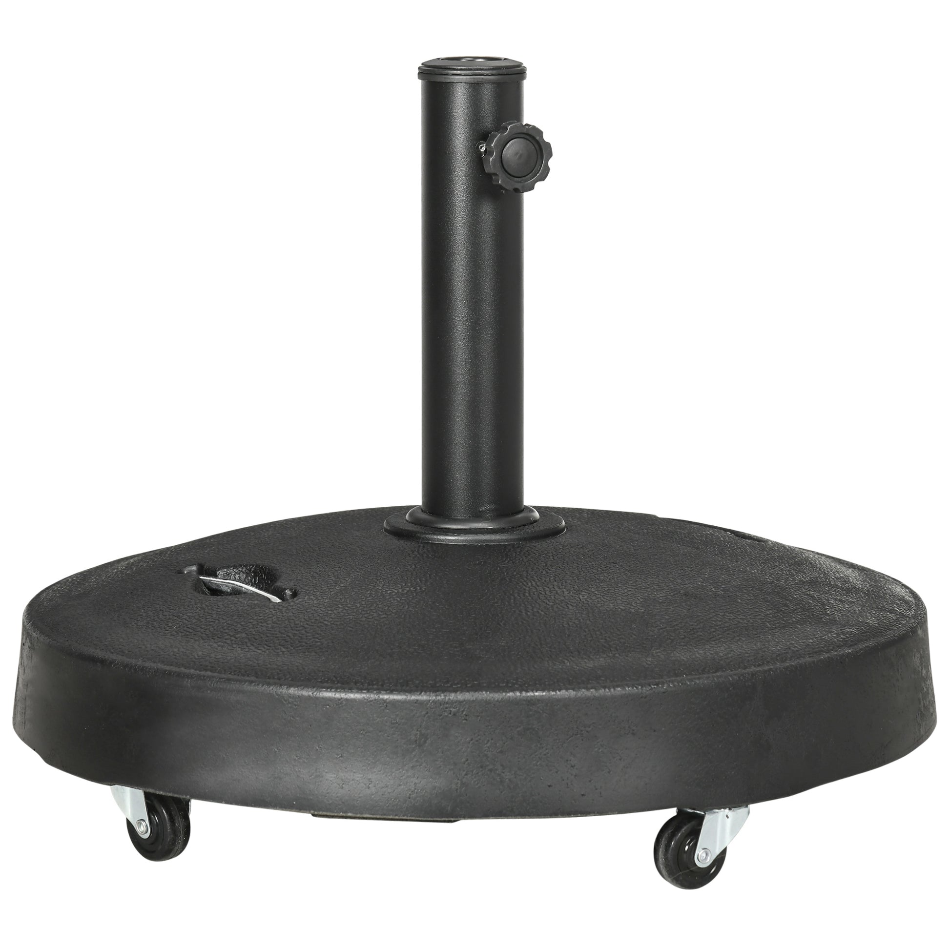 Photo of Outsunny 25kg Resin Garden Parasol Base with Wheels and Retractable Handles, Round Outdoor Market Umbrella Stand Weight for Poles of Φ38mm to Φ48mm, Black in Black colour on a white background