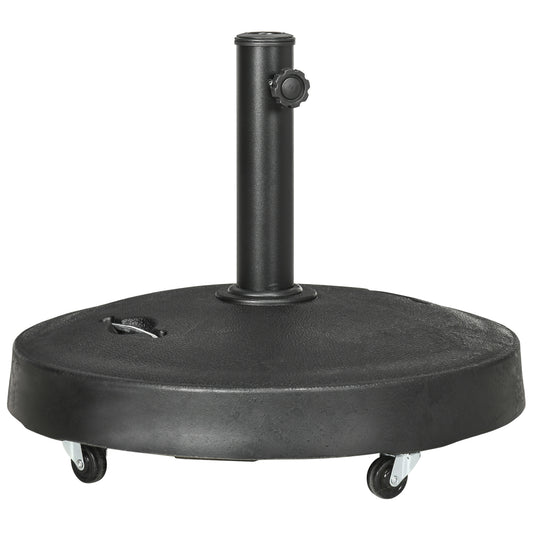 Photo of Outsunny 25kg Resin Garden Parasol Base with Wheels and Retractable Handles, Round Outdoor Market Umbrella Stand Weight for Poles of Φ38mm to Φ48mm, Black in Black colour on a white background