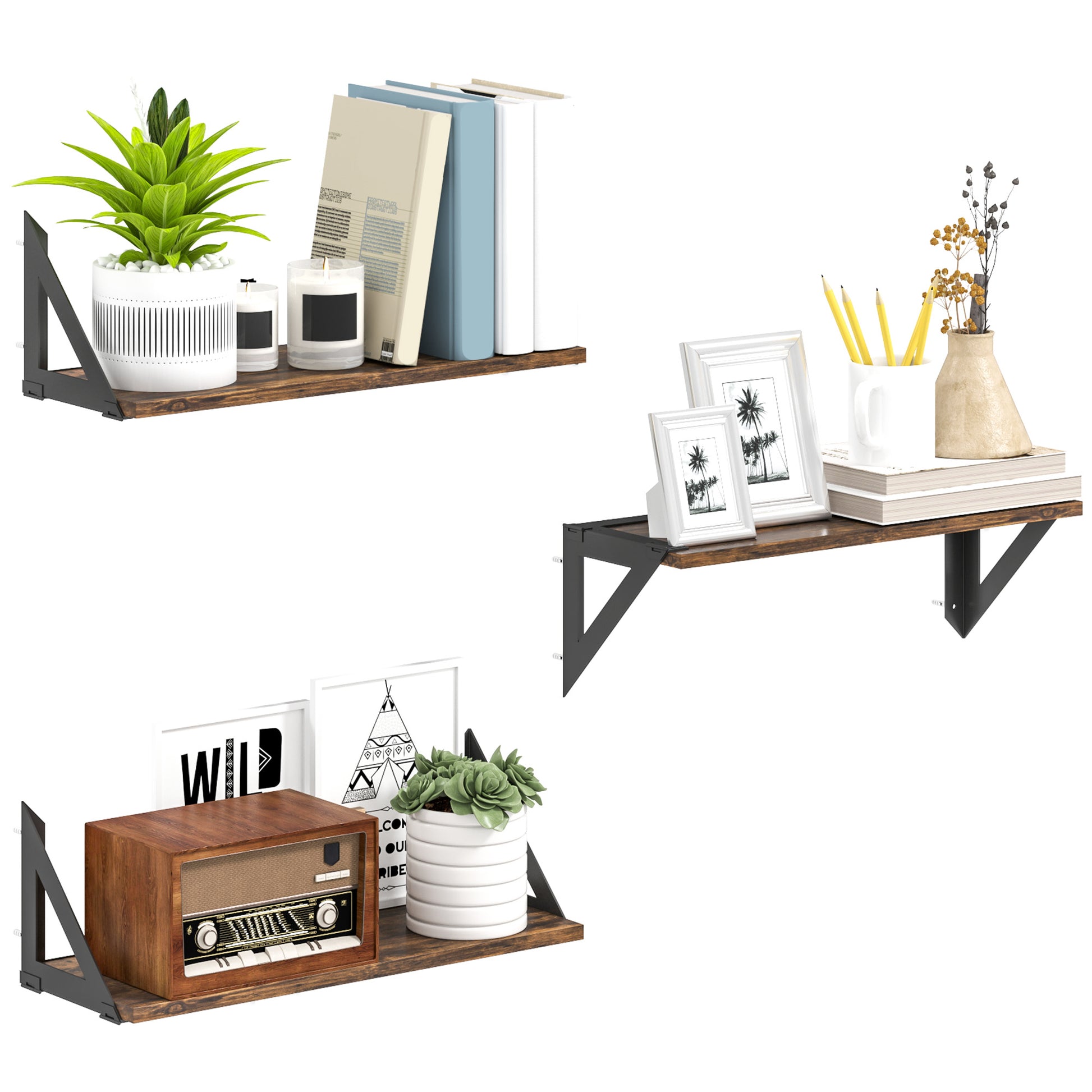 Photo of HOMCOM Set of 3 Wall Shelves, 43cm Vintage Wall Mounted Floating Shelves for Living Room, Entryway, Bedroom, Rustic Brown in Brown colour on a white background