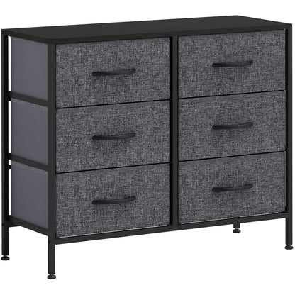 HOMCOM black dresser with six gray fabric drawers, a wooden top and steel frame