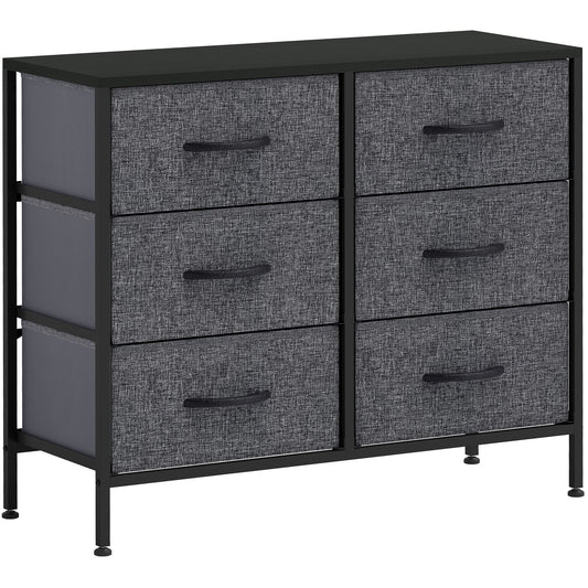Photo of HOMCOM Fabric Chest of Drawers, Industrial Bedroom Dresser with 6 Fabric Drawers, Steel Frame and Wooden Top for Nursery, Living Room, Hallway, Black in Black colour on a white background