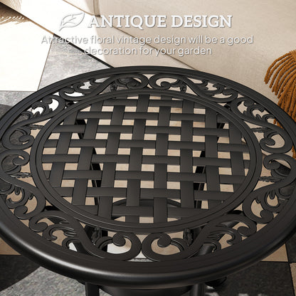 Close-up of the black table's woven lattice center and ornate scrollwork rim