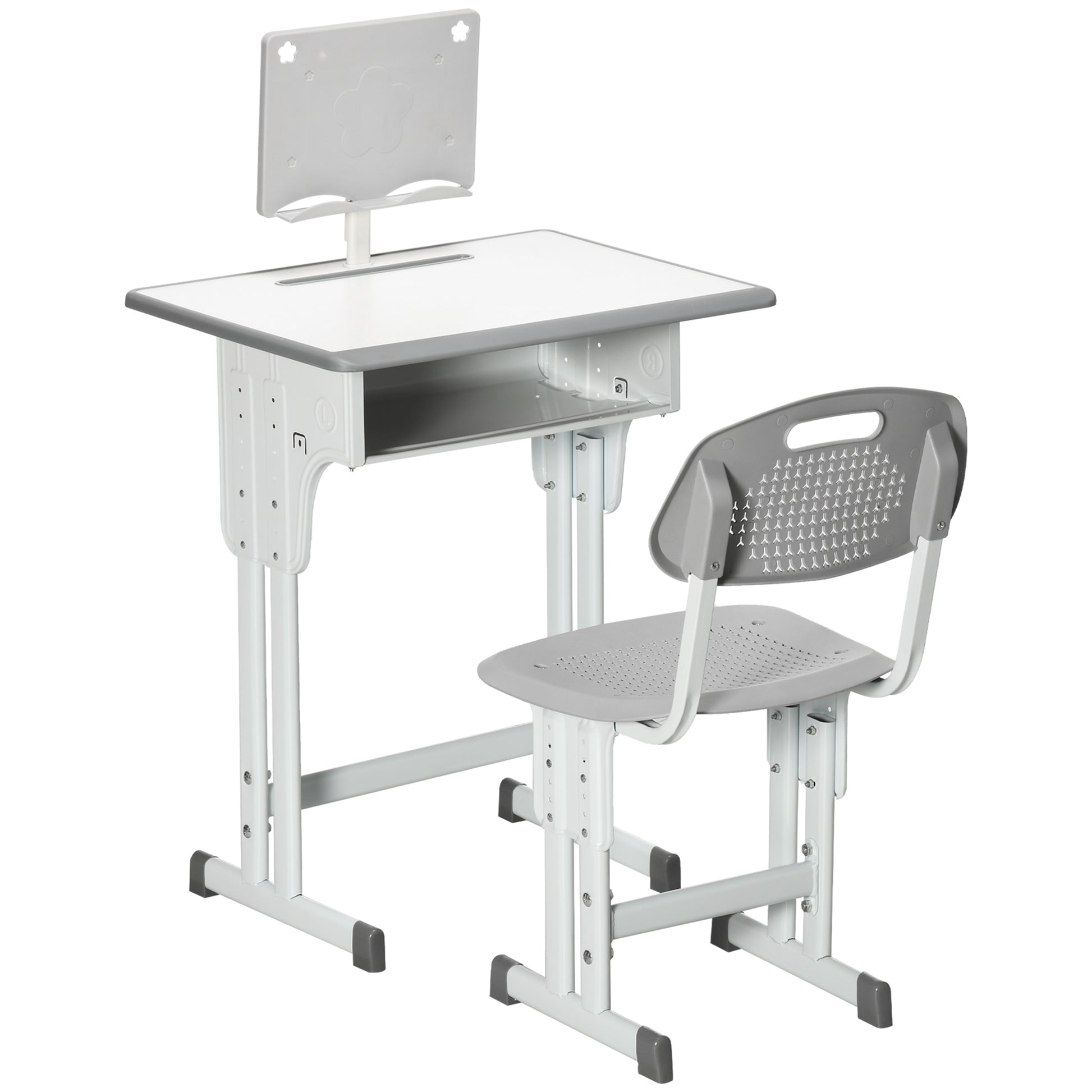 Photo of HOMCOM Kids Adjustable Desk and Chair Set, Book Stand, Pen Slot - Grey in Grey colour on a white background