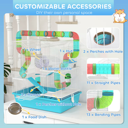 PawHut hamster cage accessories include a wheel, hut, bottle, dish, ramps, perches and tubes