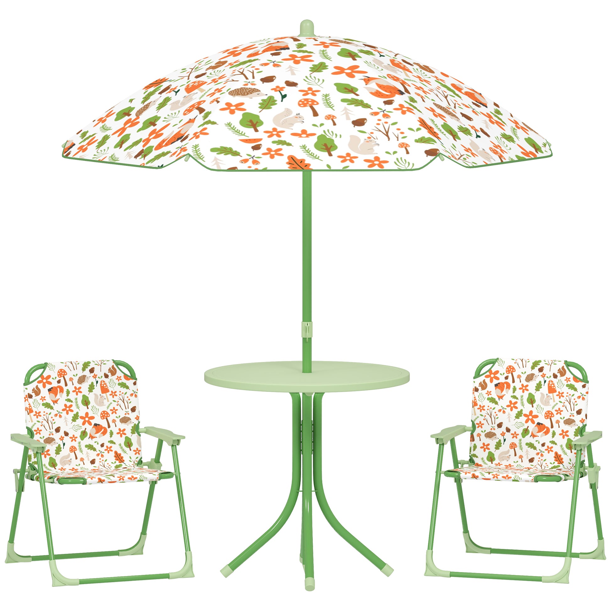 Photo of AIYAPLAY 4-Piece Kids Garden Table and Chair Set with Adjustable Parasol, Folding Chairs, Table, Nature Pattern, Green in Green colour on a white background