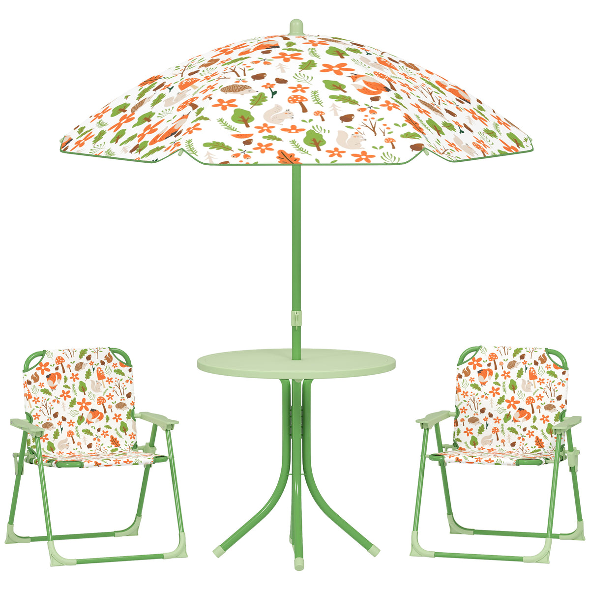 Photo of AIYAPLAY 4-Piece Kids Garden Table and Chair Set with Adjustable Parasol, Folding Chairs, Table, Nature Pattern, Green in Green colour on a white background