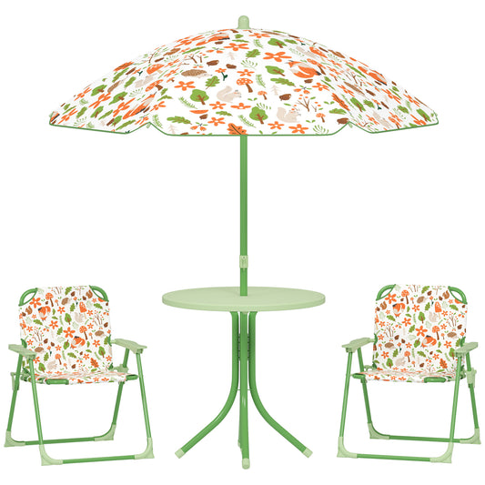 Photo of AIYAPLAY 4-Piece Kids Garden Table and Chair Set with Adjustable Parasol, Folding Chairs, Table, Nature Pattern, Green in Green colour on a white background
