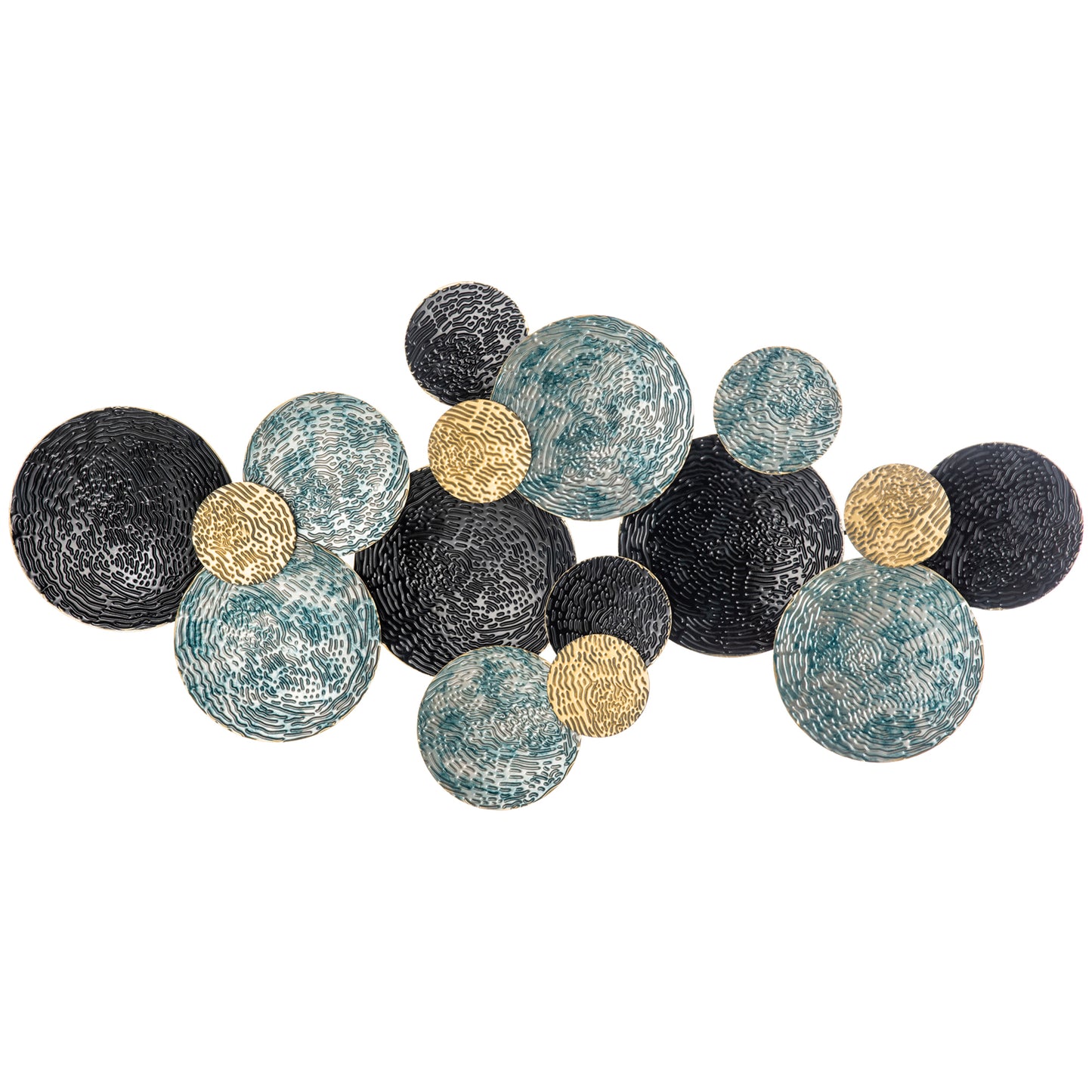 Photo of HOMCOM 3D Metal Wall Art Modern Circle Hanging Wall Sculptures Home Decor for Living Room Bedroom Dining Room, Blue Black Gold in Gold colour on a white background