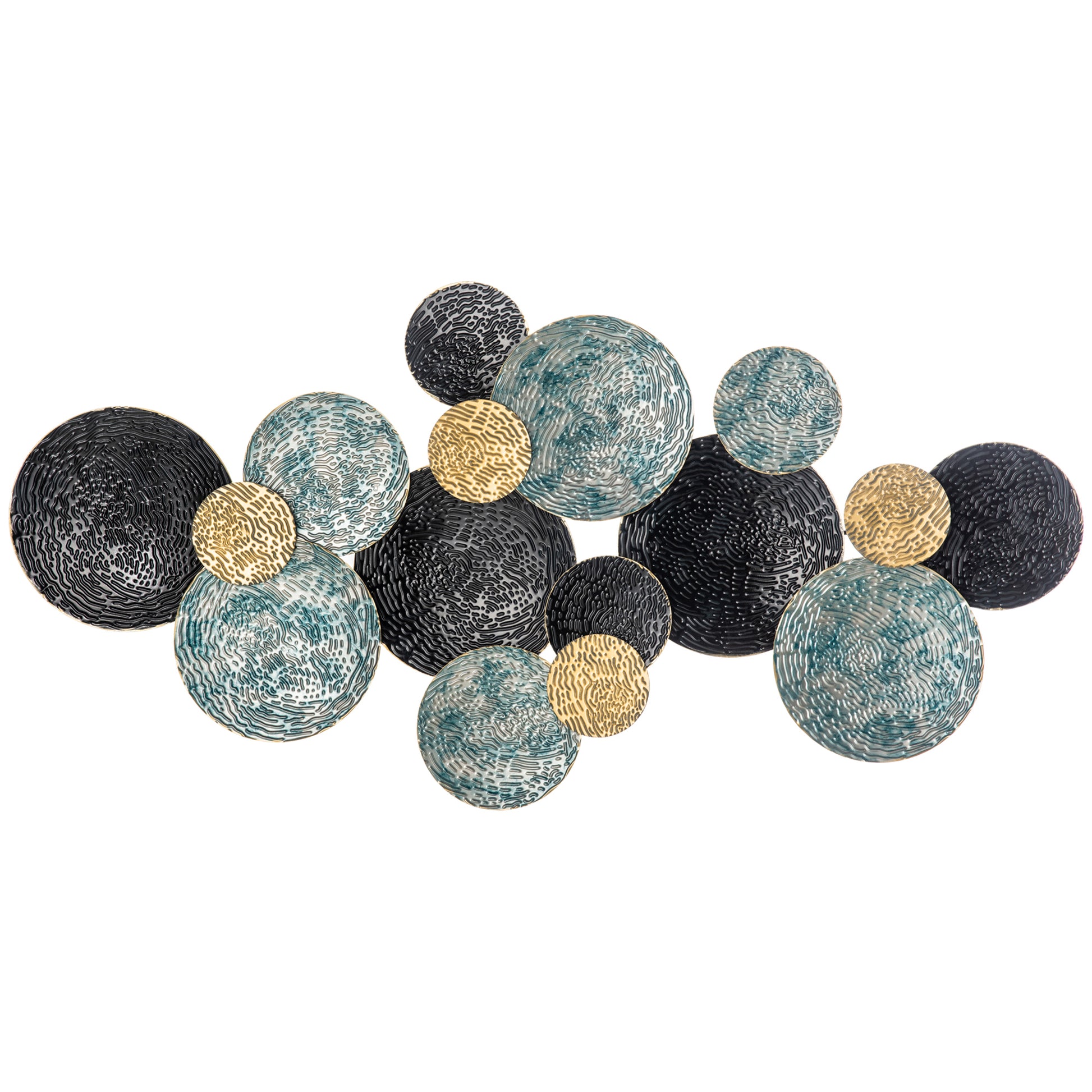 Photo of HOMCOM 3D Metal Wall Art Modern Circle Hanging Wall Sculptures Home Decor for Living Room Bedroom Dining Room, Blue Black Gold in Gold colour on a white background