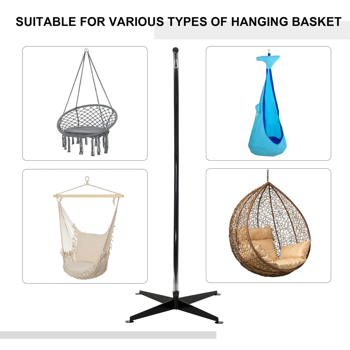 Black hammock chair stand with four-point base, shown with compatible hanging seats