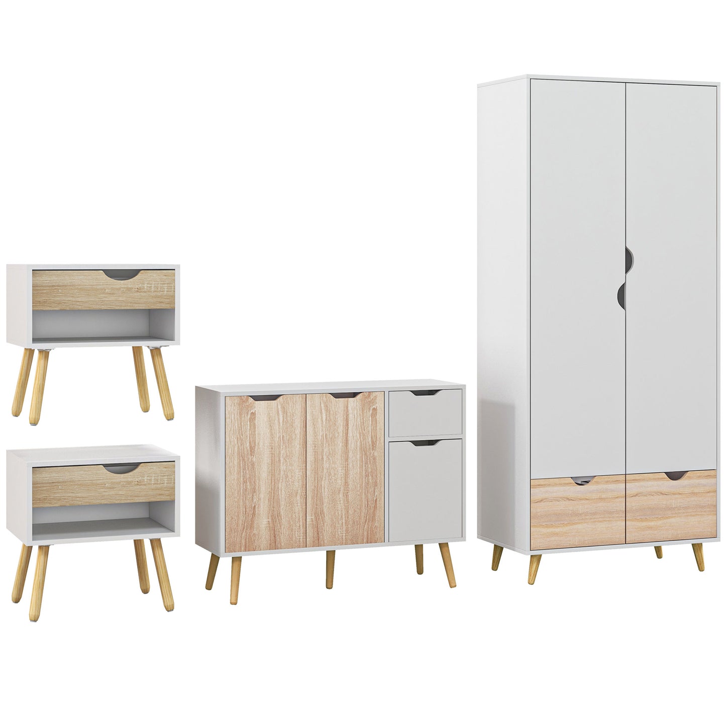 Photo of HOMCOM Bedroom Furniture Set, Wardrobe with Hanging Rod, Side Cabinet with Wood Legs, Bedside Table with Drawer, Nature Wood Finish and White in White colour on a white background