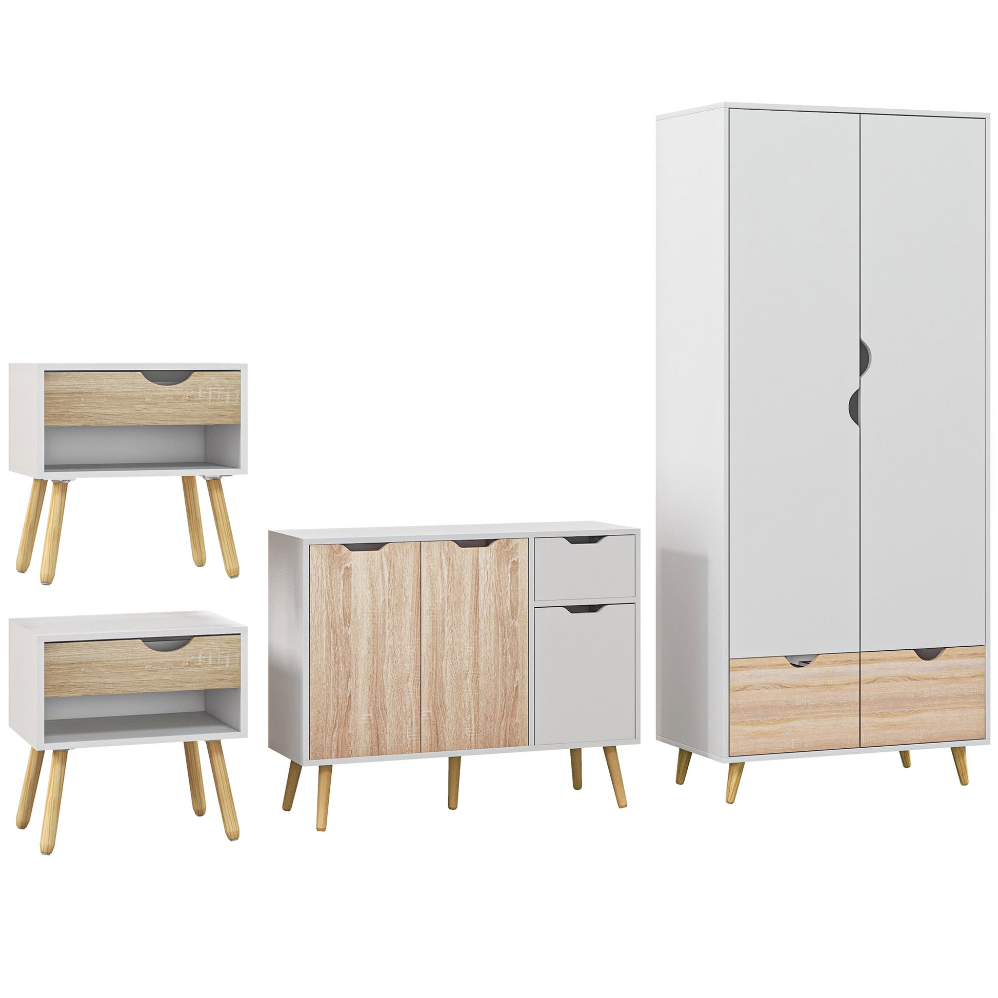 Photo of HOMCOM Bedroom Furniture Set, Wardrobe with Hanging Rod, Side Cabinet with Wood Legs, Bedside Table with Drawer, Nature Wood Finish and White in White colour on a white background