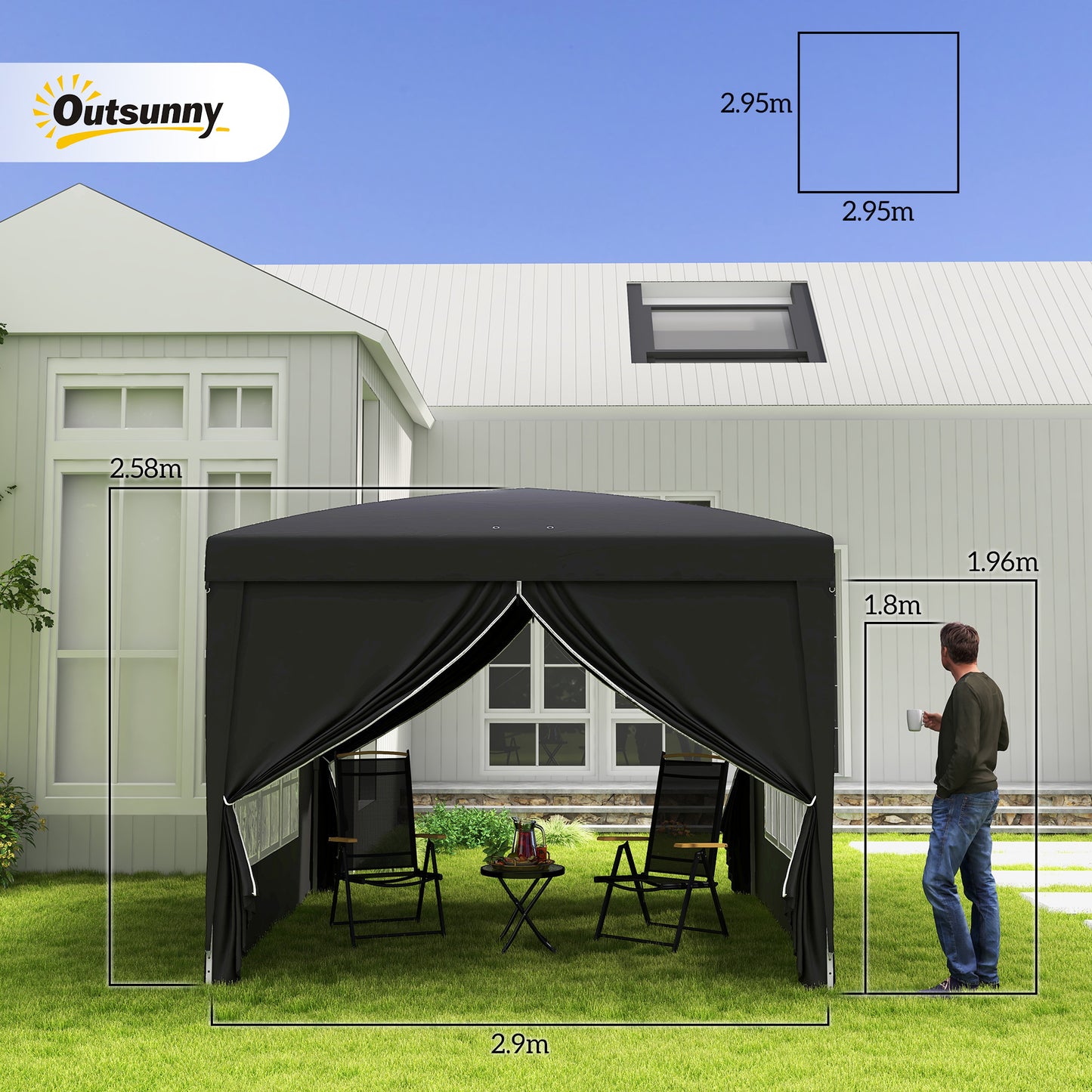 Outsunny 3x3(m) Pop-Up Gazebo, with Curtain Walls and Windows, Black
