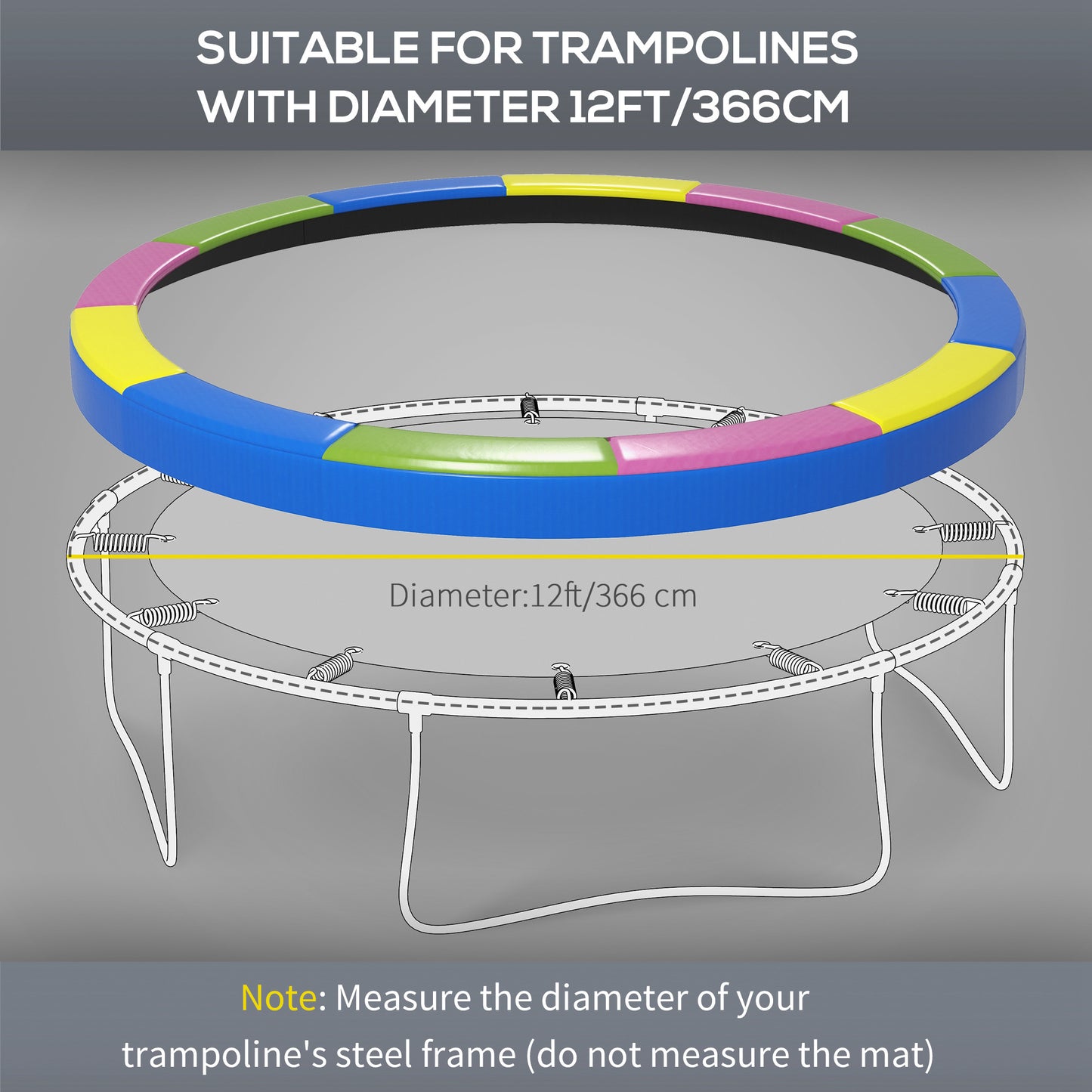 SPORTNOW 12FT Trampoline Spring Cover, Plastic Trampoline Pad Replacement with Elastic Cord, Waterproof, UV Resistant and Tear-Resistant, Multi-Colored