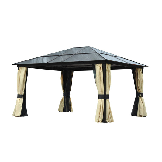 Photo of Outsunny 3.6 x 4m Hardtop Gazebo Canopy with Polycarbonate Roof and Aluminium Frame, Garden Pavilion with Mosquito Netting and Curtains in Curtains colour on a white background