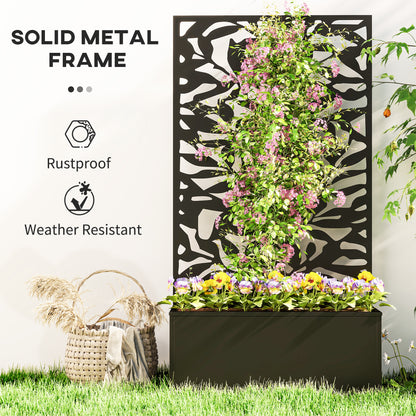 Black metal garden planter and decorative trellis with climbing plants and flowers