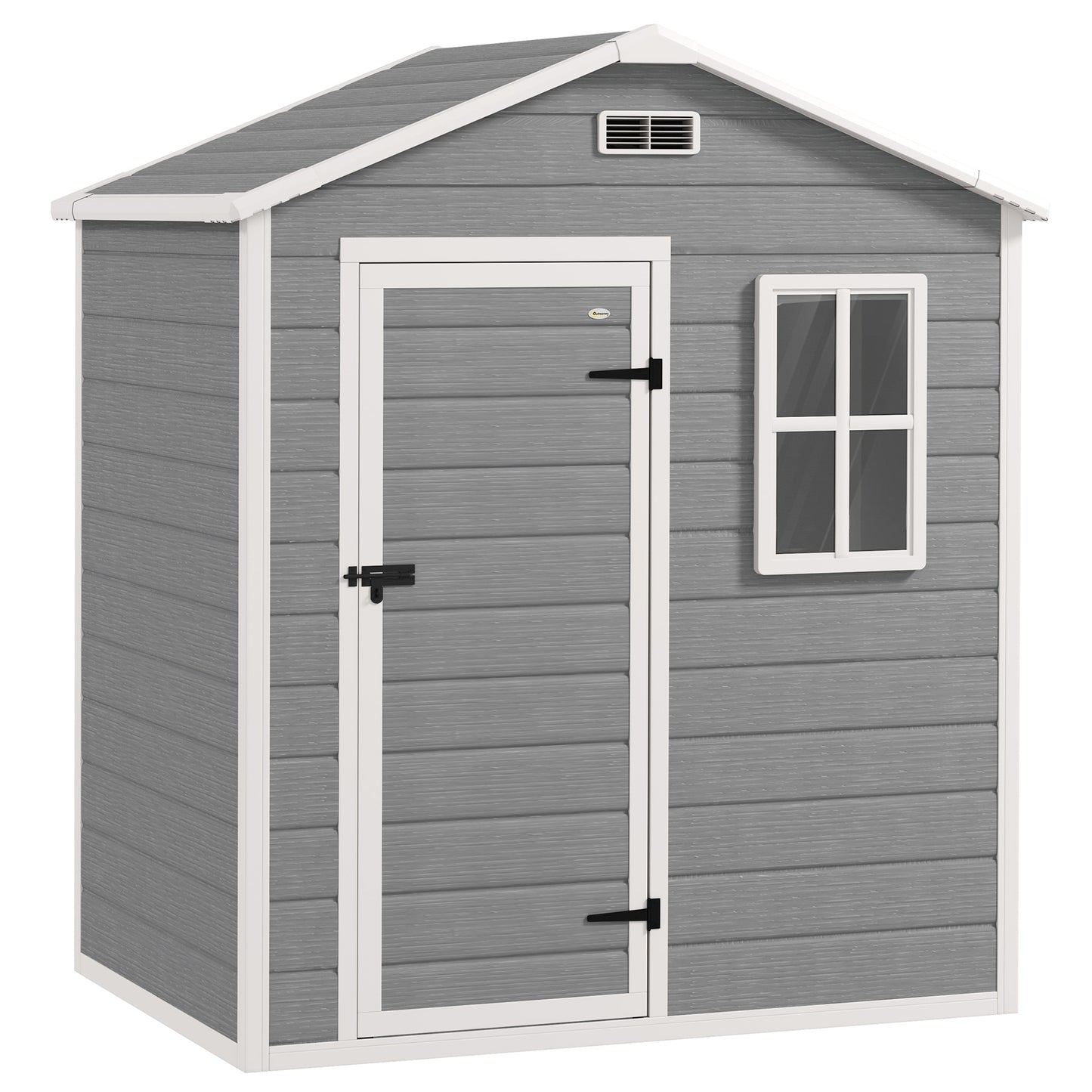 Photo of Outsunny 6 x 4ft Plastic Shed with Floor, Wood Effect Resin Garden Shed with Window, Lockable Door, Lock and Keys, Vents, All Weather Resistant for Outdoor, Patio, Lawn, Grey in Grey colour on a white background