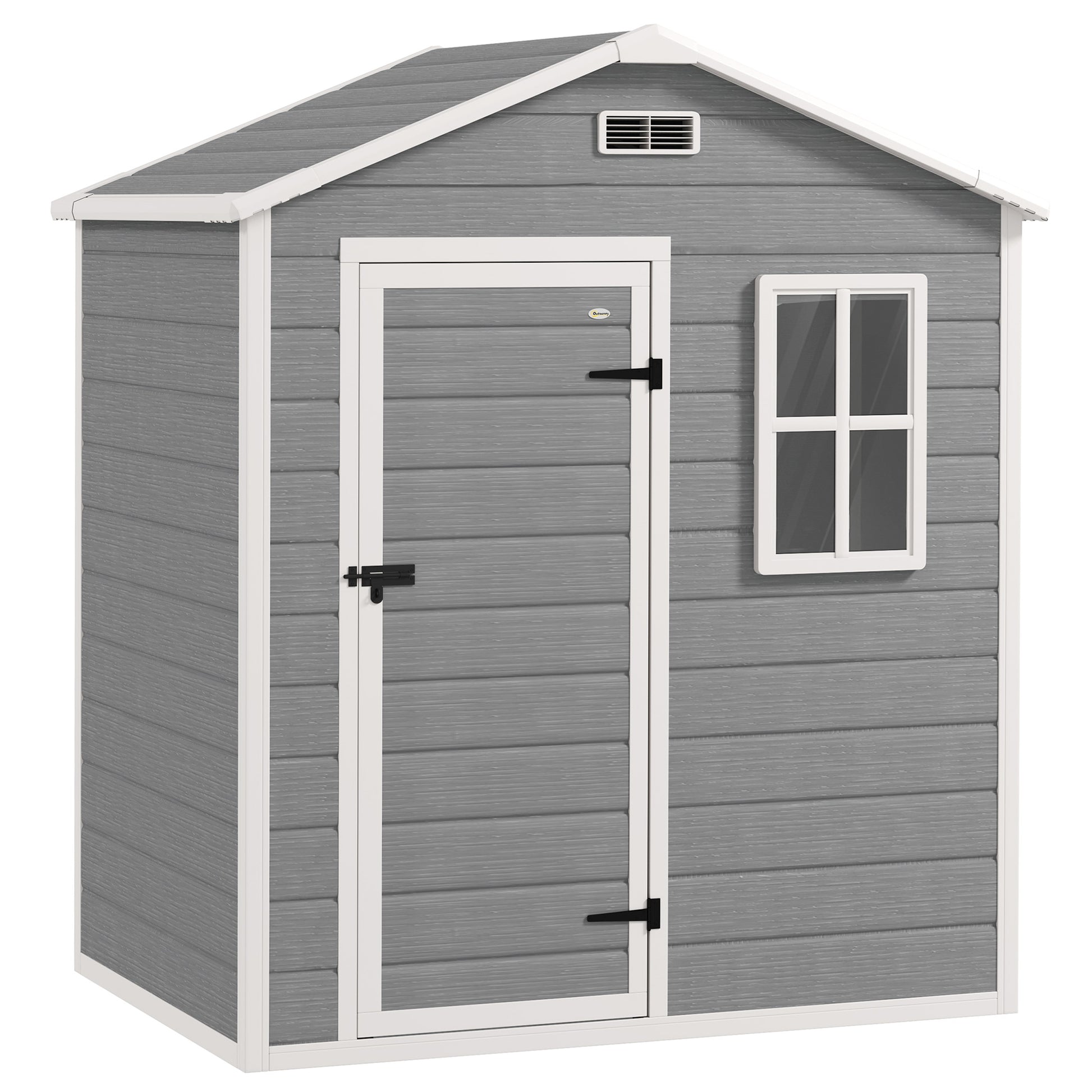 Photo of Outsunny 6 x 4ft Plastic Shed with Floor, Wood Effect Resin Garden Shed with Window, Lockable Door, Lock and Keys, Vents, All Weather Resistant for Outdoor, Patio, Lawn, Grey in Grey colour on a white background