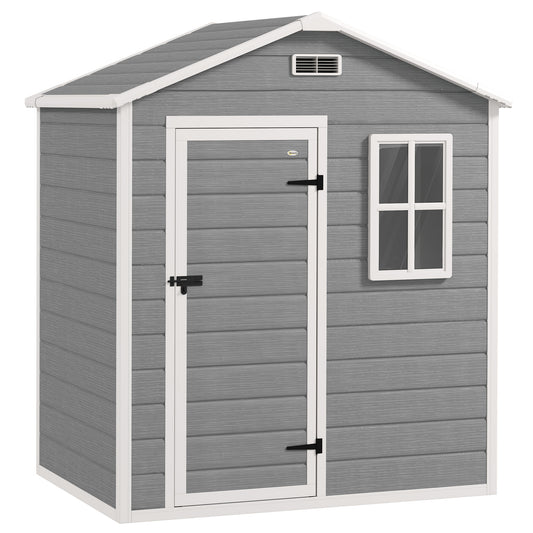 Photo of Outsunny 6 x 4ft Plastic Shed with Floor, Wood Effect Resin Garden Shed with Window, Lockable Door, Lock and Keys, Vents, All Weather Resistant for Outdoor, Patio, Lawn, Grey in Grey colour on a white background
