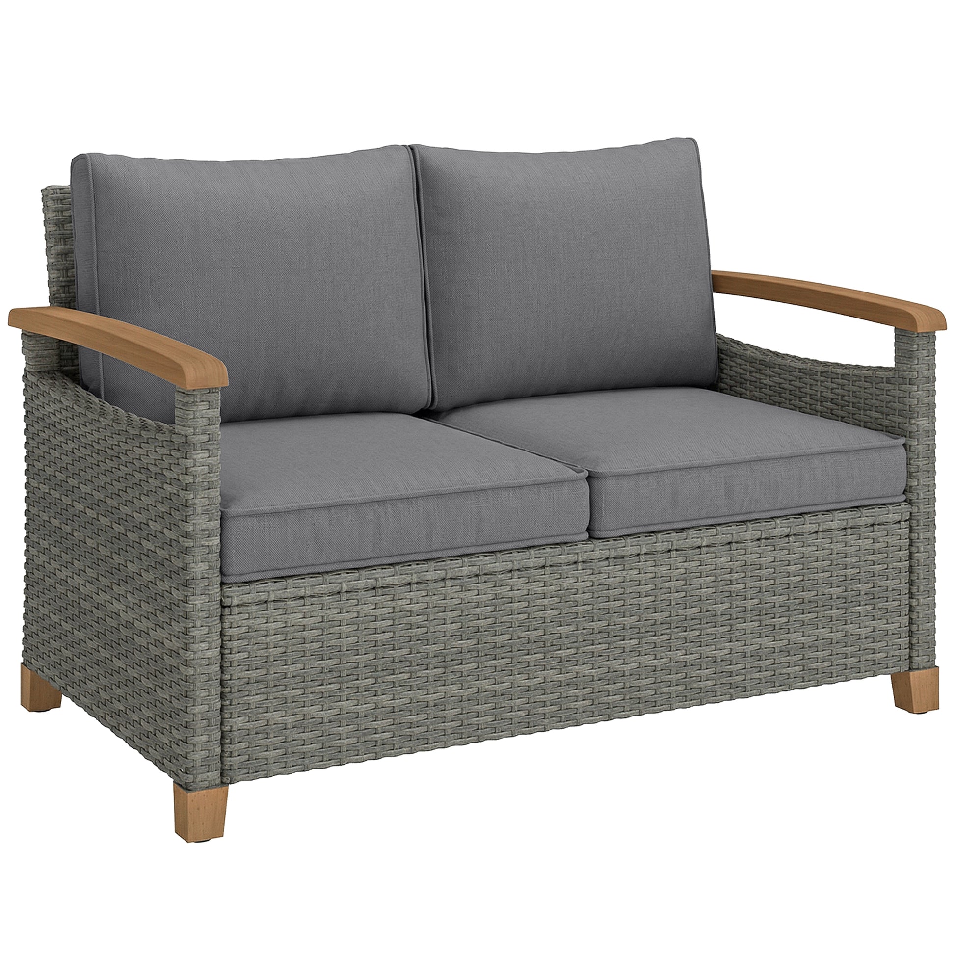 Photo of Outsunny 2 Seater Rattan Garden Sofa, Outdoor Sofa with Thickened Cushions and Acacia Wood Armrests, Dark Grey in Grey colour on a white background