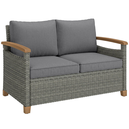 Photo of Outsunny 2 Seater Rattan Garden Sofa, Outdoor Sofa with Thickened Cushions and Acacia Wood Armrests, Dark Grey in Grey colour on a white background