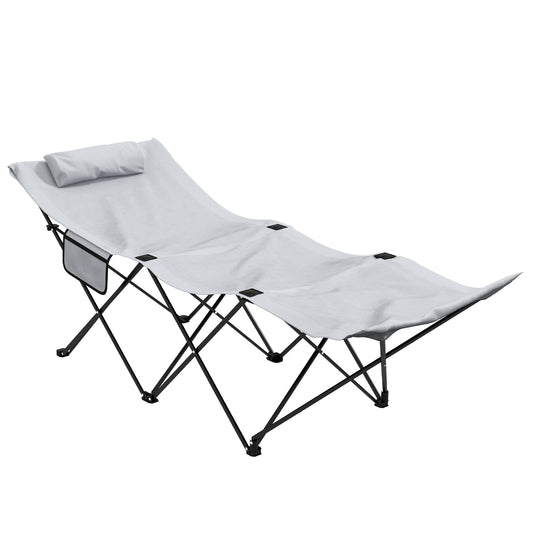 Photo of Outsunny Camping Bed for Adults, Single Folding Camp Bed, Portable Camping Cot with Side Pocket, Headrest and Oxford Seat for Outdoor, Travel, Fishing, Light Grey in Grey colour on a white background