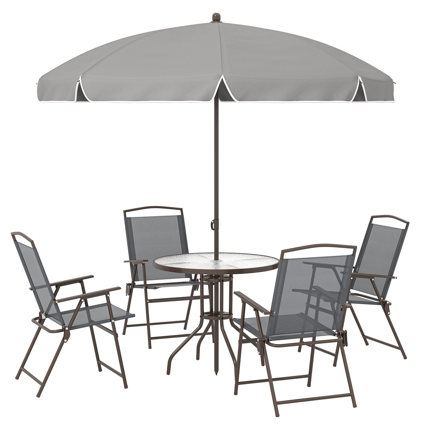 Photo of Outsunny 6 Piece Garden Dining Set with Umbrella, Patio Sets with Parasol, 4 Folding Dining Chairs, Dark Grey in Grey colour on a white background