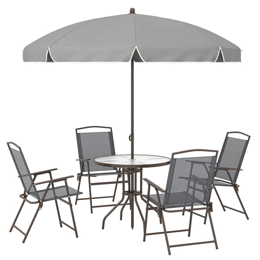Photo of Outsunny 6 Piece Garden Dining Set with Umbrella, Patio Sets with Parasol, 4 Folding Dining Chairs, Dark Grey in Grey colour on a white background
