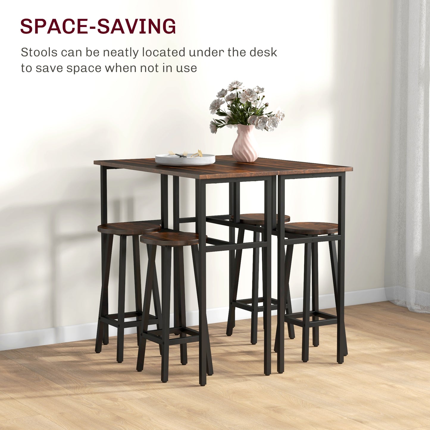 HOMCOM 6-Piece Industrial Bar Table Set, 2 Breakfast Tables with 4 Stools Brown
