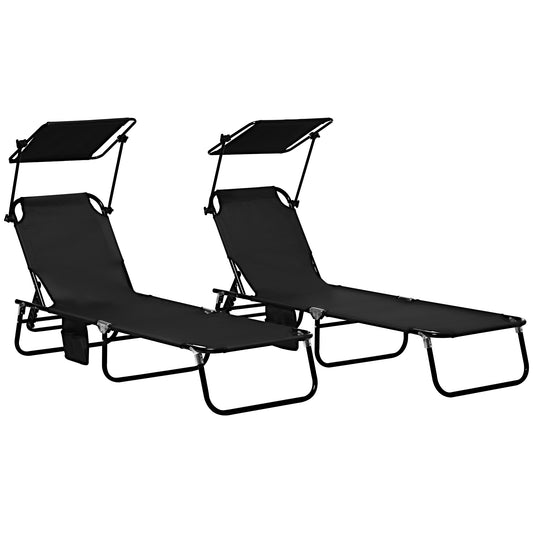 Photo of Outsunny Set of Two Folding Sun Loungers, with Adjustable Backs and Sun Canopies - Black in Black colour on a white background