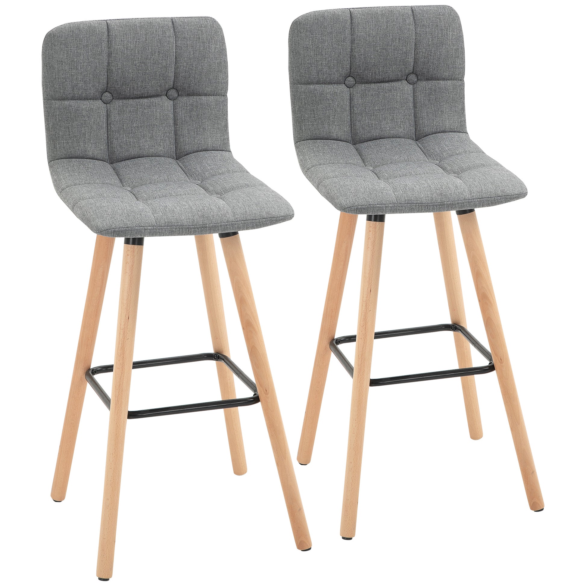 Photo of HOMCOM Breakfast Bar Stool Set of 2 Armless Button-Tufted Counter Height Bar Chairs with Wood Legs & Footrest, Grey in Grey colour on a white background