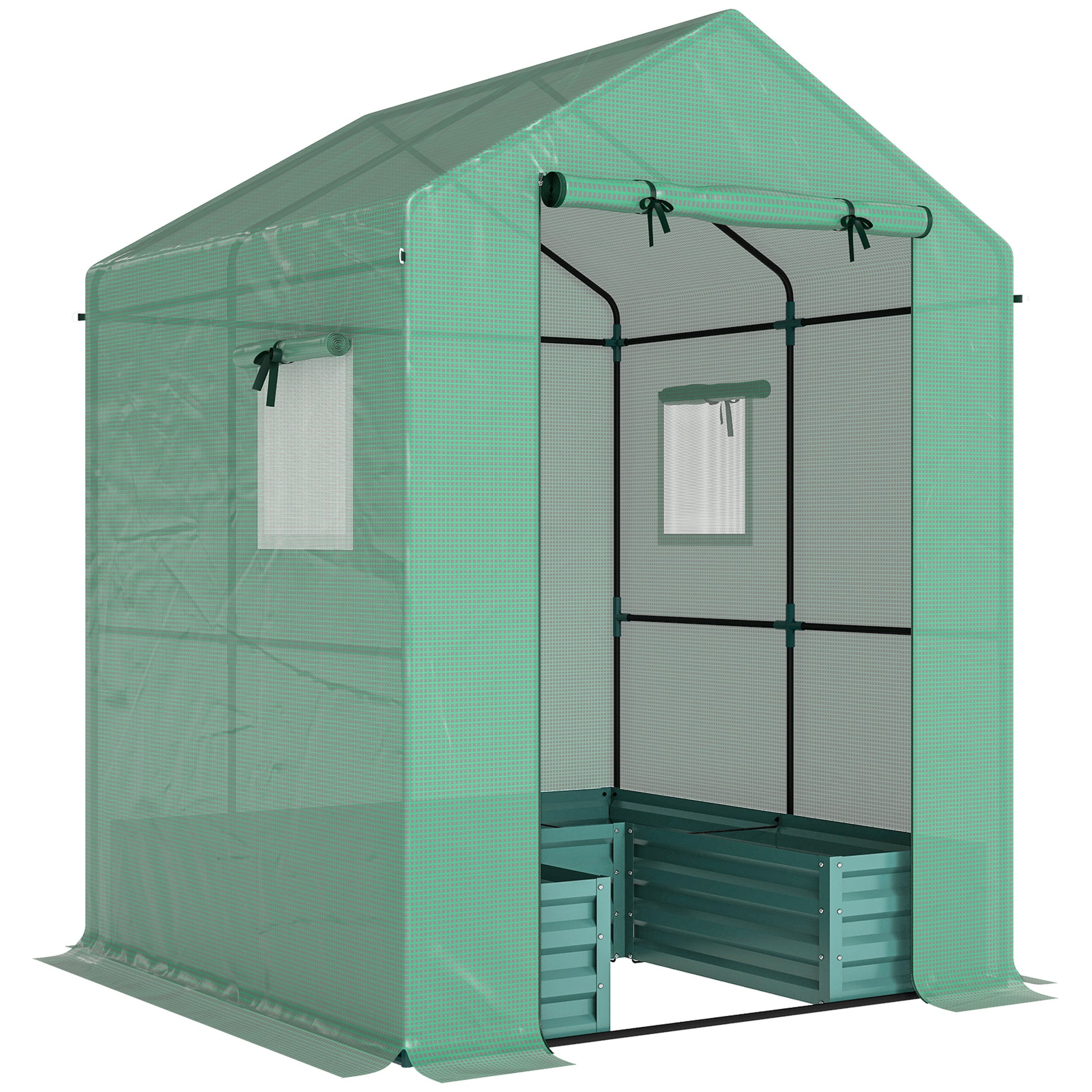 Photo of Outsunny Small Greenhouse with Raised Garden Bed, Galvanised Walk-in Greenhouse with Roll Up Windows, 141 x 141 x 190 cm, Green in Green colour on a white background