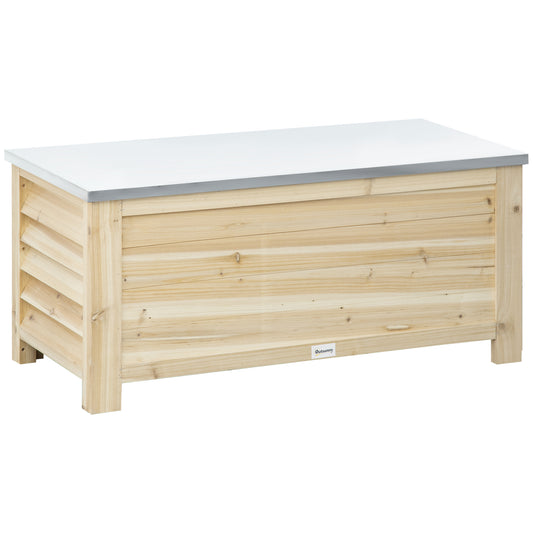 Photo of Outsunny 155L Outdoor Storage Box with Metal Top and Shutter Walls, Wooden Outside Tool organiser Container, for Garden, terrace in terrace colour on a white background