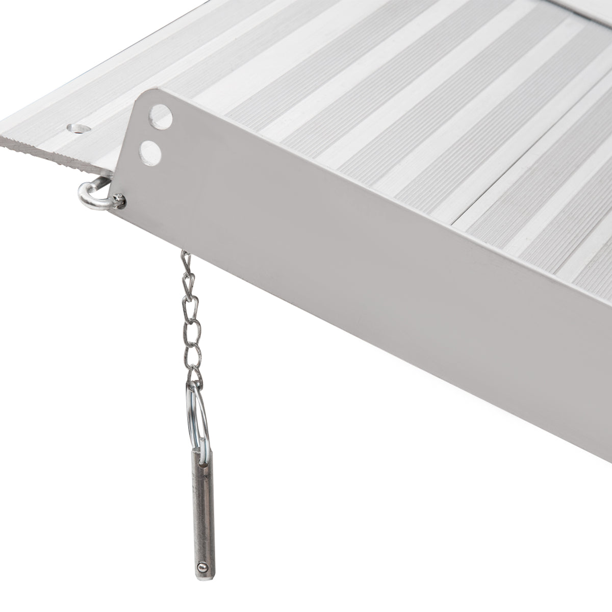 Aluminum wheelchair ramp side rail with attached safety chain and pin
