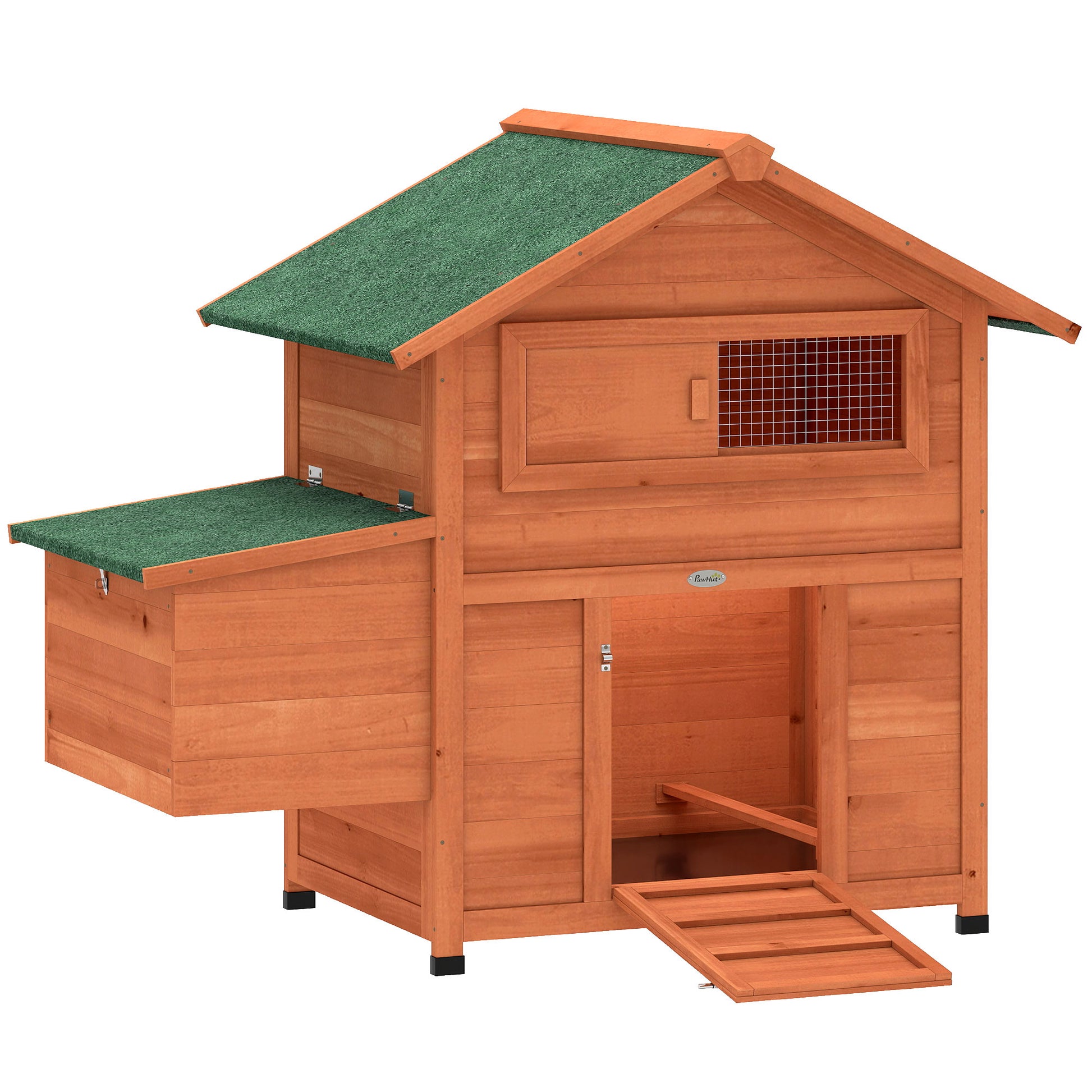 Photo of PawHut Chicken Coop, Wooden Hen House with Nesting Box, Pull-Out Tray, Sliding Window, Waterproof Roof, Perches and Ramp in Ramp colour on a white background