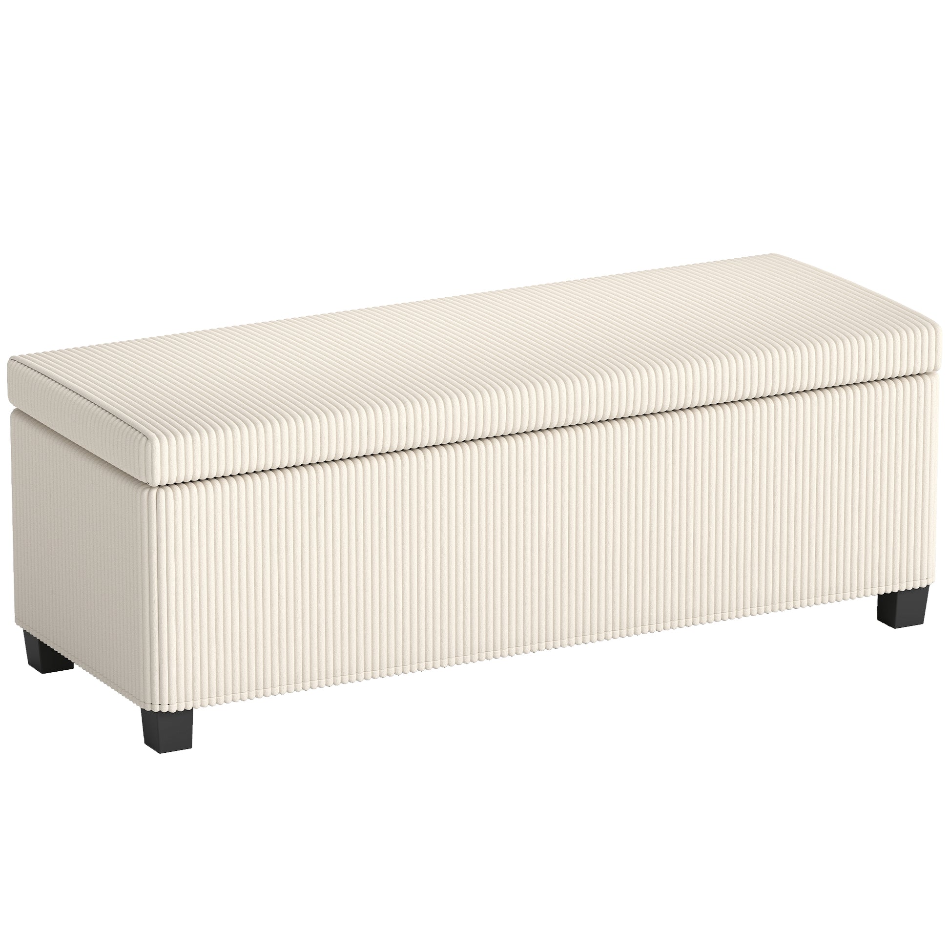 Photo of HOMCOM Storage Ottoman Bench, Corduroy Storage Chest Box with Wooden Legs, 112cm Bed End Bench for Living Room, Bedroom, Entryway, Hallway, Beige in Beige colour on a white background