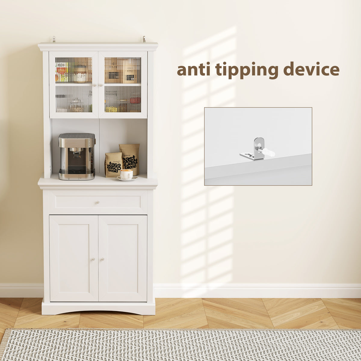 White kitchen cupboard with glass-front upper cabinet, open counter, drawer and lower doors