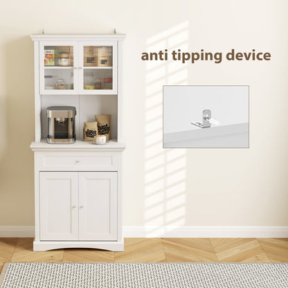 White kitchen cupboard with glass-front upper cabinet, open counter, drawer and lower doors
