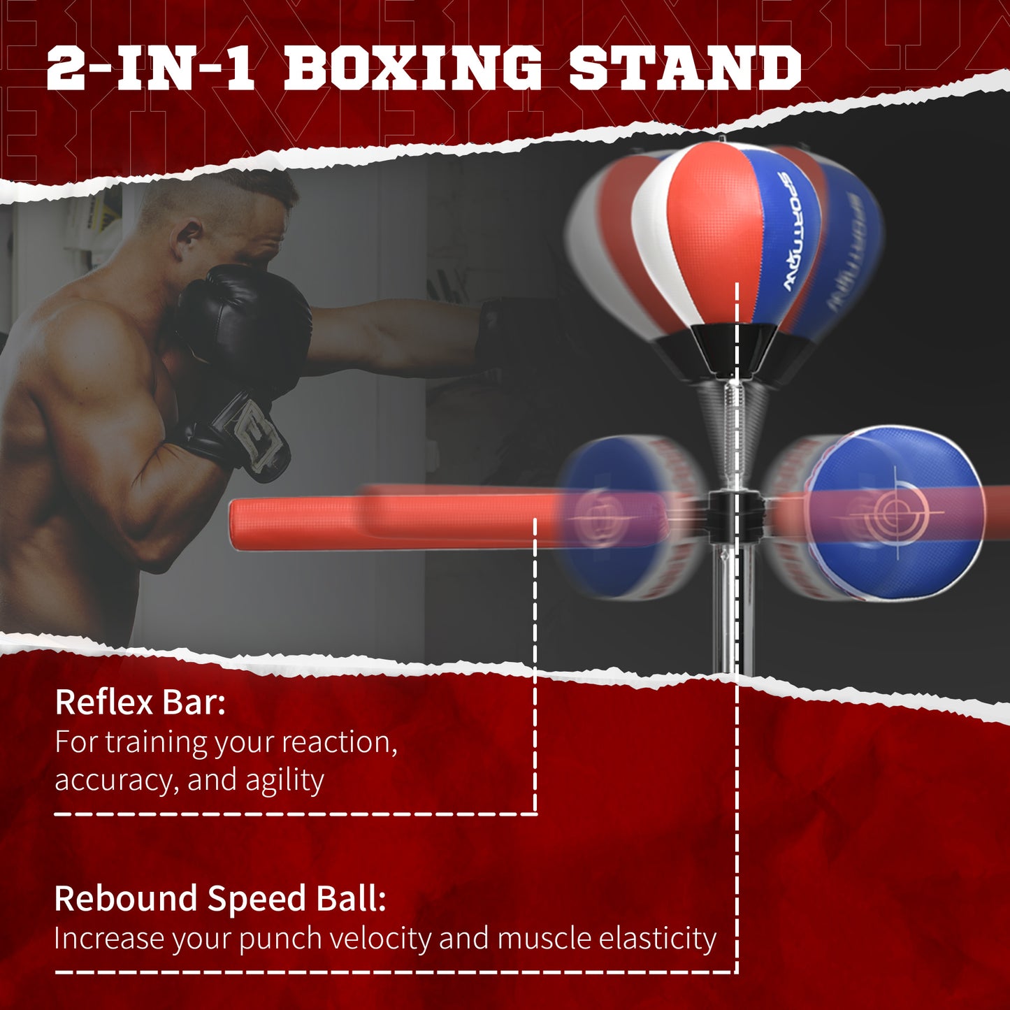 SPORTNOW Adjustable Speed Bag, Boxing Bag, with Stand, Reflex Bar, Punching Pad, Multicoloured