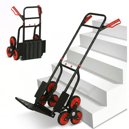 DURHAND red and black stair-climbing hand truck with six wheels and folding toe plate