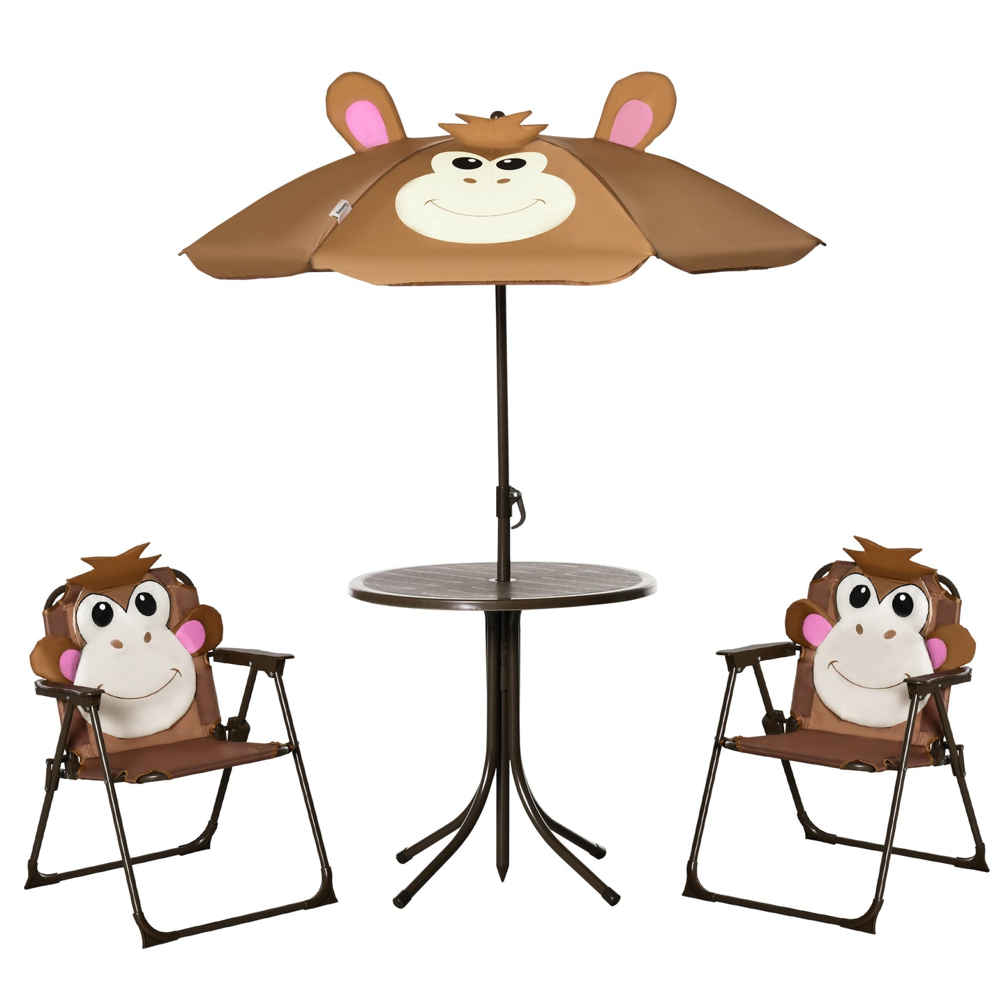 Photo of Outsunny Kids Bistro Table and Chair Set, Outdoor Folding Garden Furniture w/Monkey Design, Removable, Adjustable Sun Umbrella, Ages 3-6 Years - Brown in Brown colour on a white background