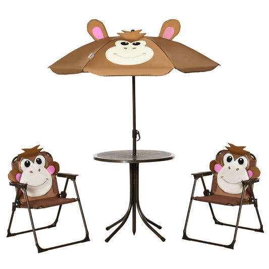 Photo of Outsunny Kids Bistro Table and Chair Set, Outdoor Folding Garden Furniture w/Monkey Design, Removable, Adjustable Sun Umbrella, Ages 3-6 Years - Brown in Brown colour on a white background