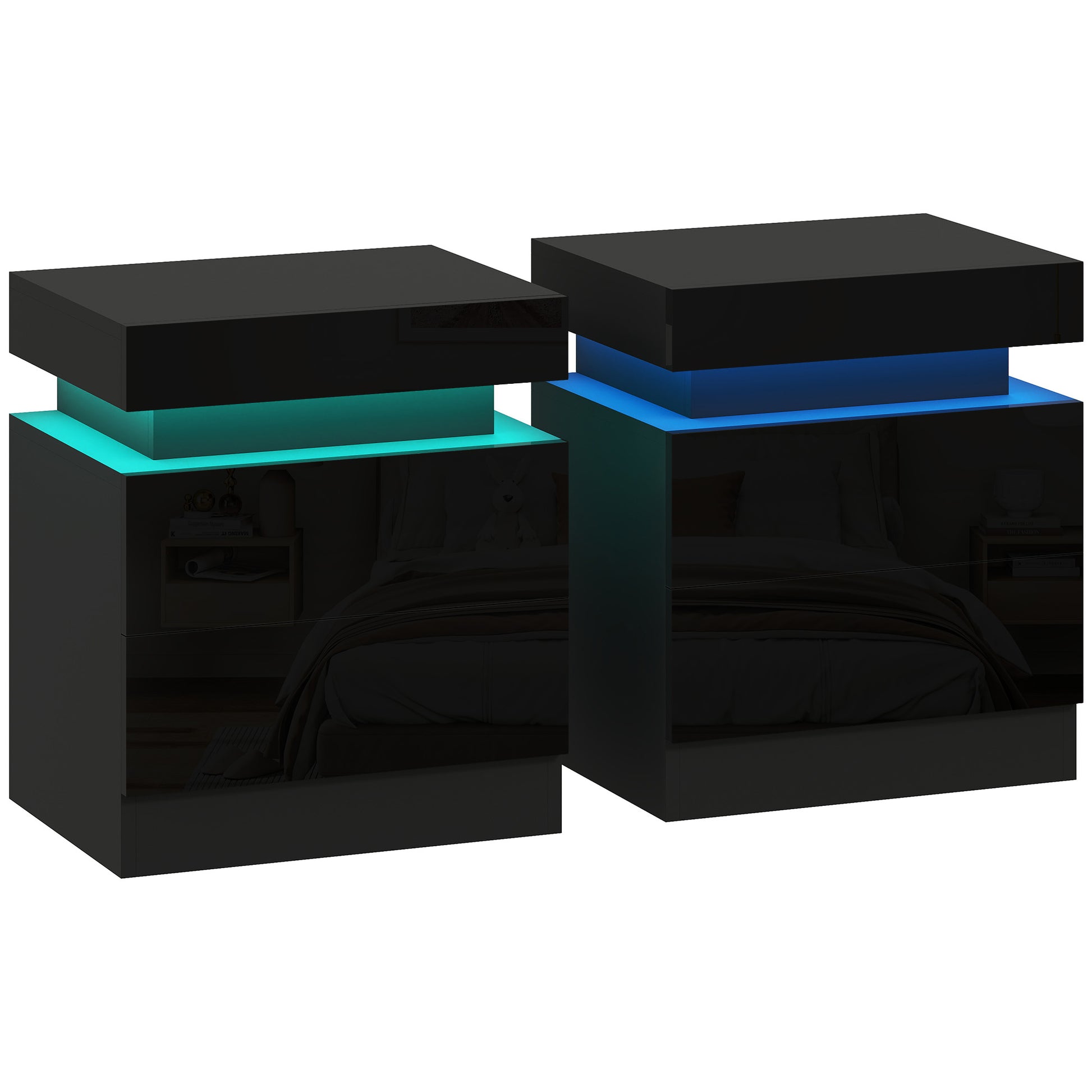 Photo of HOMCOM High Gloss Front Bedside Tables Set of 2, Nightstands with RGB LED Light and 2 Drawers, Chest of Drawers for Bedroom, Living Room, Black in Black colour on a white background