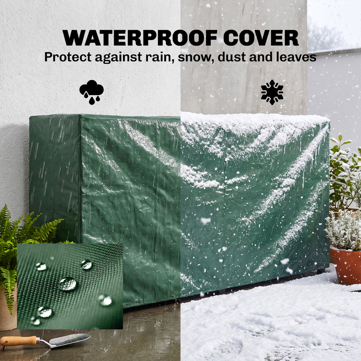 Outsunny rack covered by a dark green waterproof cover, shown shedding rain and snow