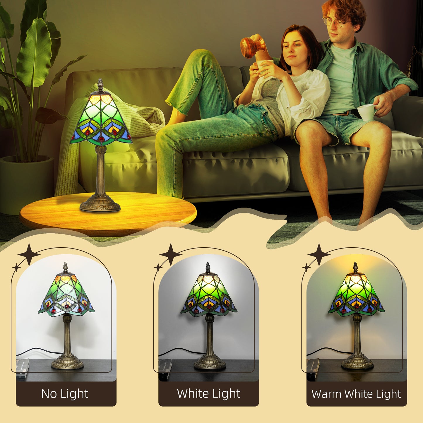 HOMCOM Tiffany-Style Table Lamp with Geometric Patterns, Handcrafted Antique Stained Glass Bedside Lamp for Living Room and Bedroom, E27 Socket, Green