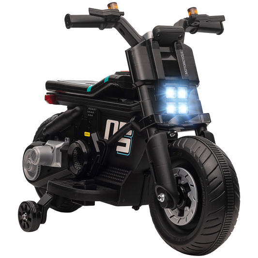 Photo of HOMCOM Kids Electric Motorbike with Siren, Horn, Headlights, Music, Training Wheels, for Ages 3-5 Years - Black in Black colour on a white background