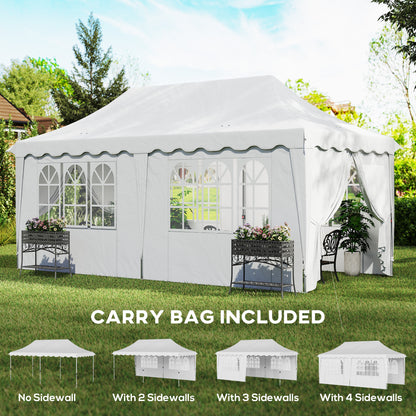 White pop-up gazebo with windowed side panels and open entrance; carry bag included