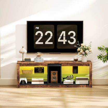 Rustic brown TV stand with open shelves and yellow-green LED lighting