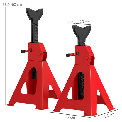 Red jack stands with black ratchet posts, shown with height and base dimensions