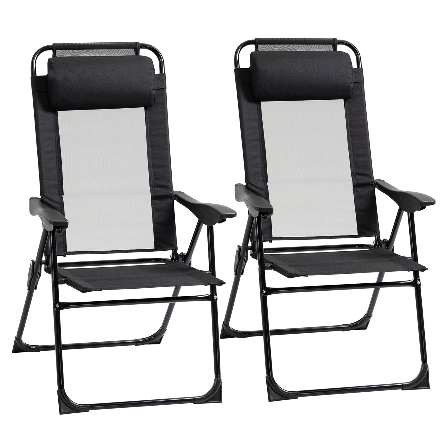 Photo of Outsunny Set of 2 Portable Folding Recliner Metal Outdoor Patio Chaise Lounge Chairs with Adjustable Backrest, Black in Black colour on a white background